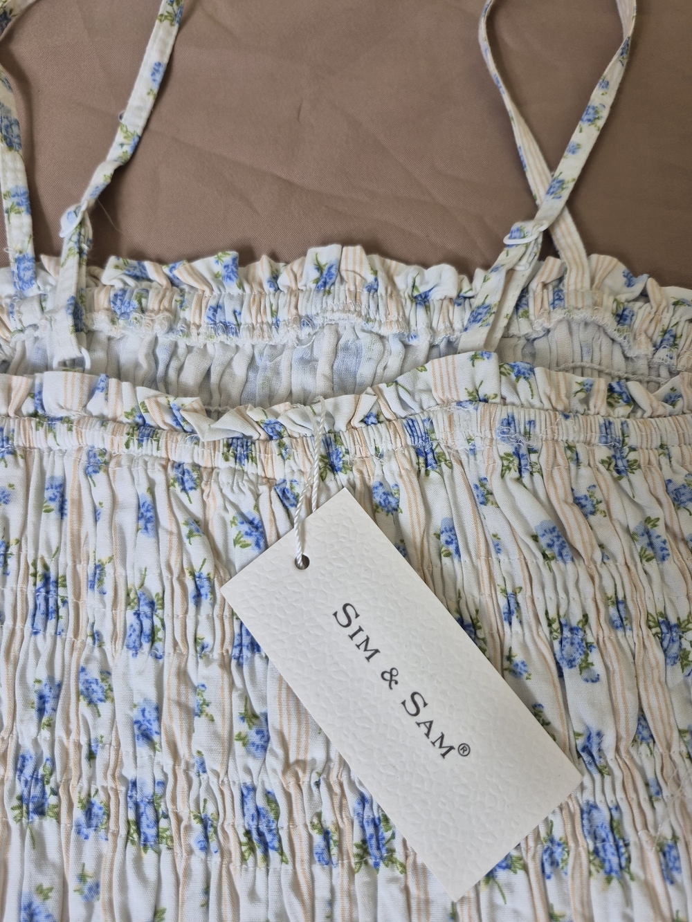 Sim & Sam Blue Floral Smocked Drop Waist Mini Dress, Small - Picture 5 of 7